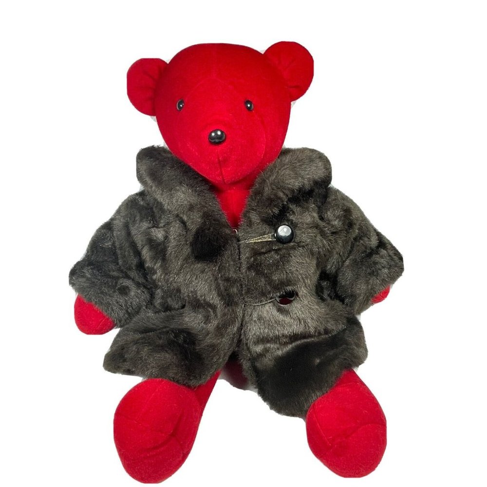 21 inch North American Bear Co. 1979 RED Plush With Brown Faux Fur Coat Vintage